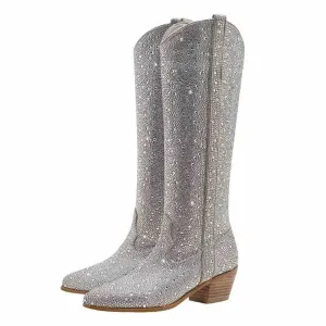 Rhinestone Pointed Toe Straight Boots for Women