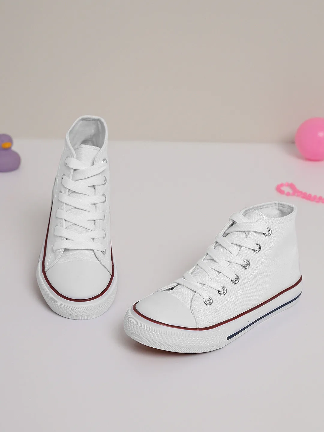 White Canvas High Ankle Stylish Lace-Up Sneakers For Kids-Unisex (TC-LKCAN4-WHT)