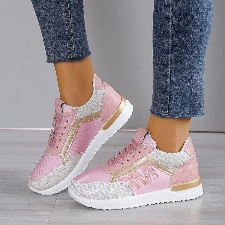 Women's Fashion Casual Printing Lace Up Round Toe Color Matching Running Shoes