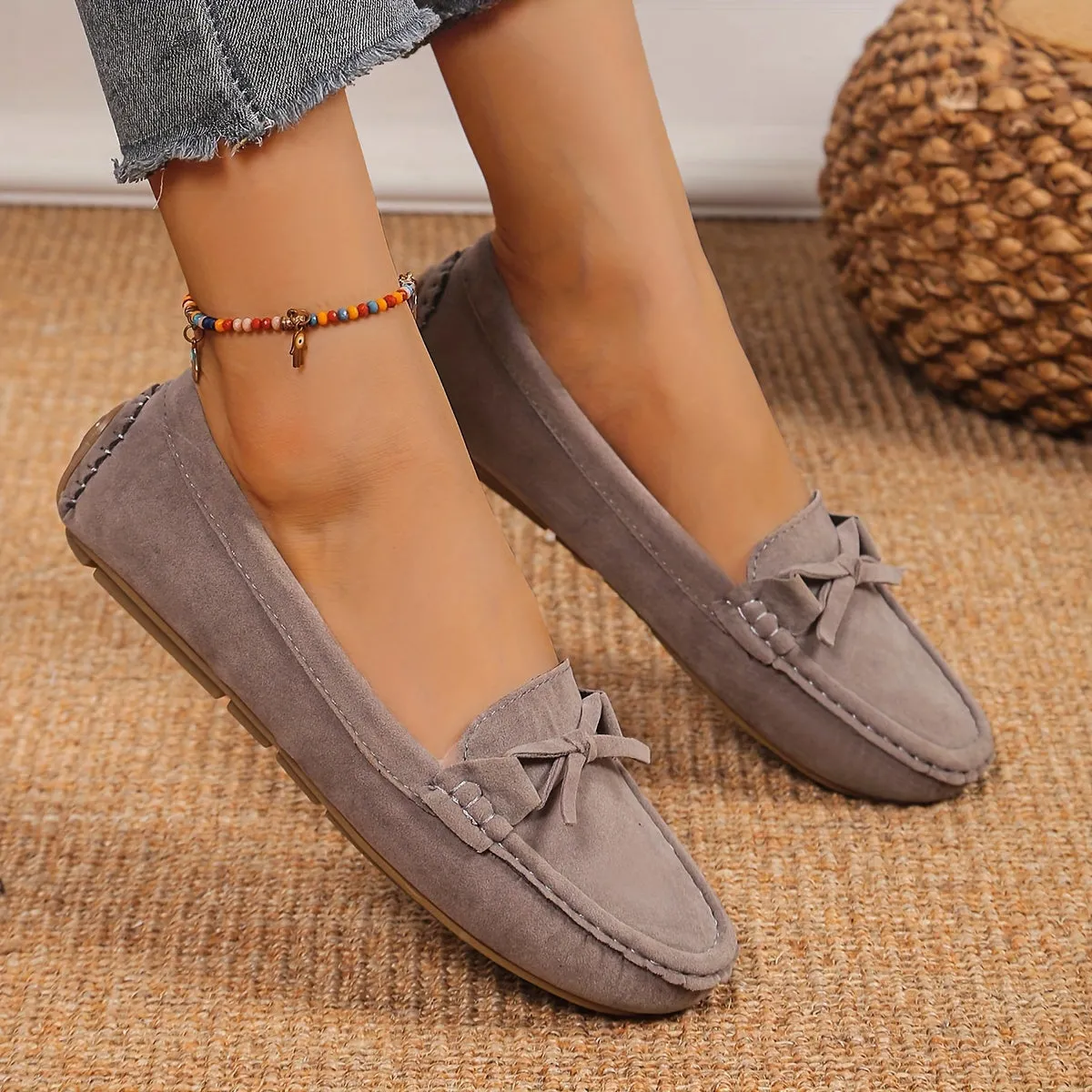 Women's Retro Flat Loafers, Bow Detail Round Toe Slip On Shoes, Casual Soft Sole Casual Wear Shoes